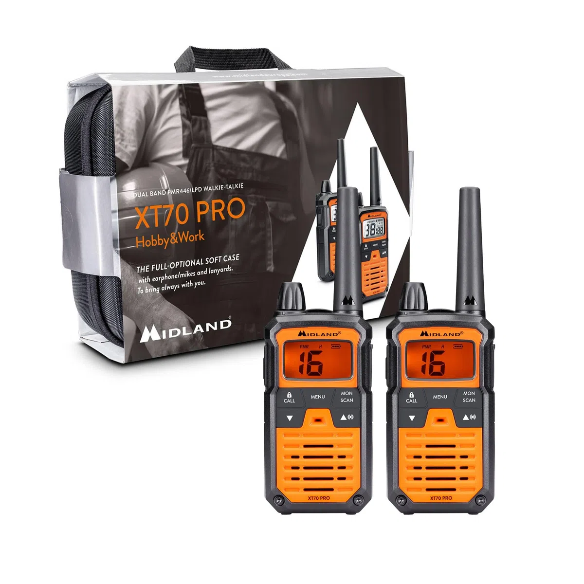 Midland XT70 PRO Doble Hobby & Work, Versión Full Optional, Walkie Talkie de Carga Rápida, 101 Canales PMR446 y Canal RRM, Resistente al Agua IPX4, Maletín de Transporte, 12Km, Naranja, 2 Unidades