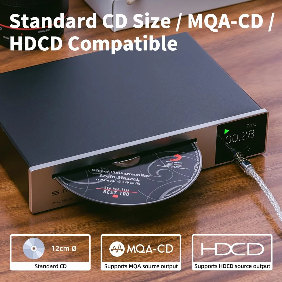 SMSL PL150 Odtwarzacz CD High Power CS43198 D/A chip, Standard/MQA-CD/HDCD, z RCA/3,5 mm i 4,4 mm wyjściem słuchawkowym/optycznym/koncentrycznym, do pojazdu/laptopa/telewizora/PC, wzmacniacza