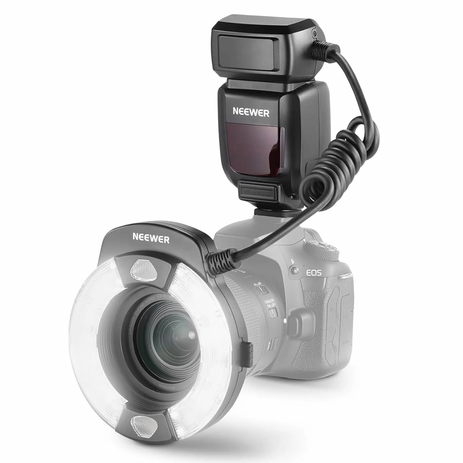 Neewer RF1-C Marco Ring Flash kompatybilny z Canon, 76Ws GN15 5600K E-TTL lampa błyskowa, wyjście 1-1/128, synchronizacja kurtyny przedniej/tylnej, kolorowe żele, pierścienie adaptera obiektywu do
