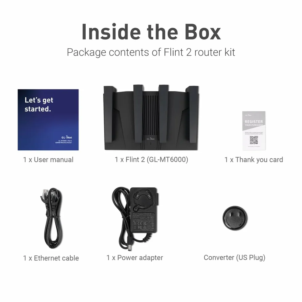 GL.iNet GL-MT6000(Flint 2) router Wi-Fi 6 | Router Wi-Fi do gier | 2 porty Multi-Gig 2,5G + 4 porty Ethernet 1G | Łączność urządzeń masowych | Szybki OpenVpn i WireGuard | 802.11ax