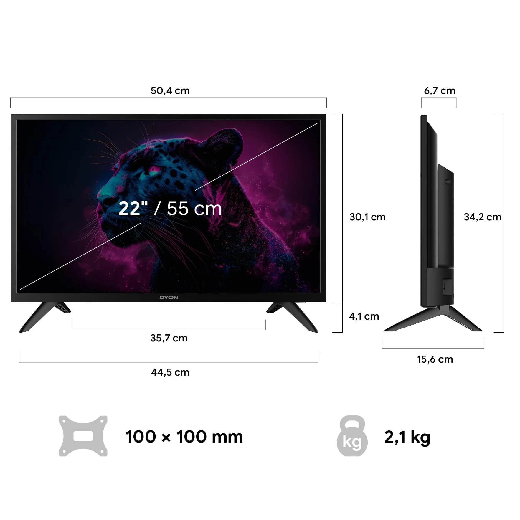 DYON Movie Smart 22 VX, 22", Full HD, Smart TV, potrójny tuner HD (DVB-C/-S2/-T2), App Store, Netflix, Prime Video, YouTube, DAZN, Disney+, waipu.tv, tryb hotelowy