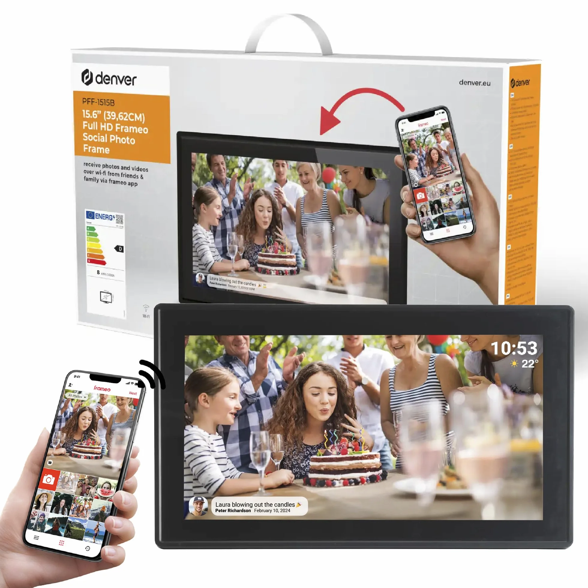 Denver PFF-1515B cyfrowa ramka na zdjęcia Wi-Fi – ekran dotykowy Full HD IPS 15,6", zintegrowane oprogramowanie FRAMEO, bezprzewodowe udostępnianie, automatyczne wyłączanie nocne, pamięć 16 GB, czarna