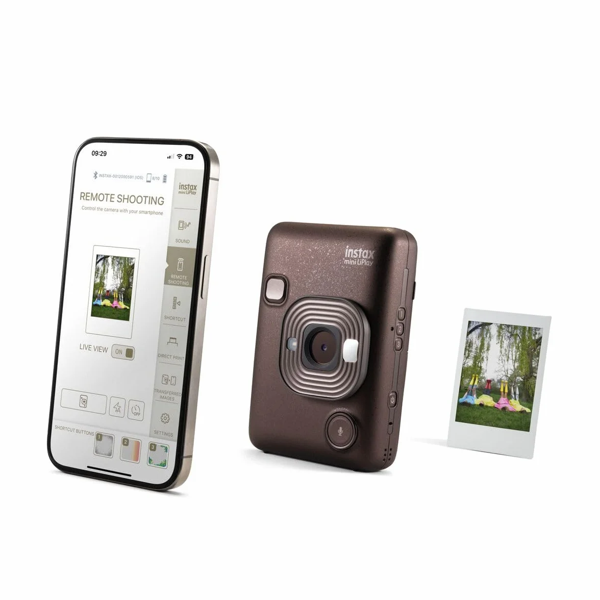 INSTAX mini LiPlay hybrydowy aparat natychmiastowy z tylnym wyświetlaczem LCD o przekątnej 2,7 cala, gniazdem kart Micro SD, ładowaniem przez USB-C, kolor Deep Bronze, film sprzedawany osobno