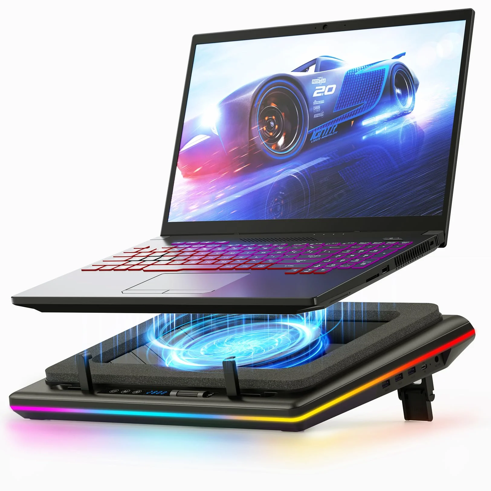 llano Podkładka chłodząca do laptopa z wydajnym wentylatorem turbo RGB laptop chłodnica radiator z bezstopniową regulacją prędkości, obsługa dotykowa, ekran LCD, 3 porty USB, pianka uszczelniająca