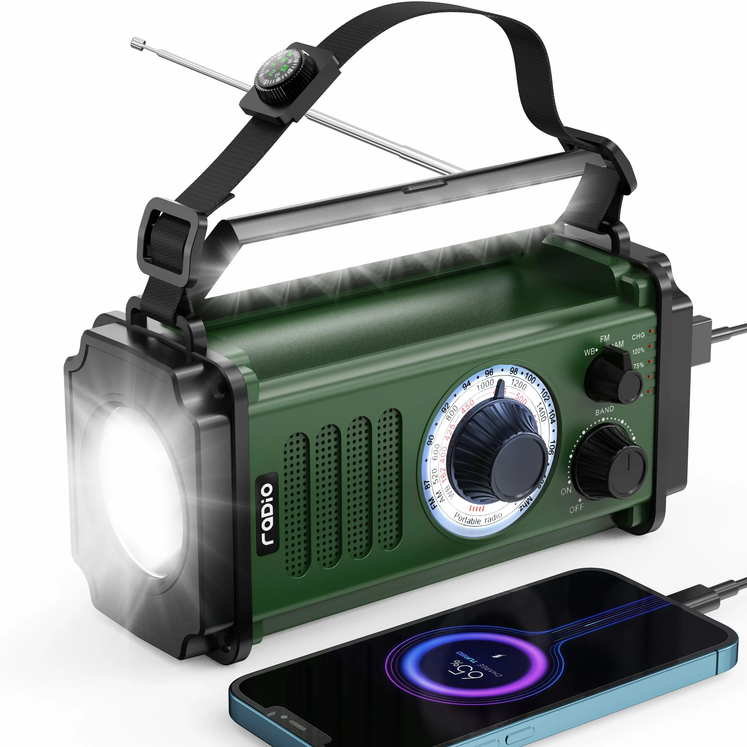 Radio awaryjne 10000 mAh/37000mWh, radio słoneczne, korba ręczna, radio pogodowe NOAA AM FM, 4 metody ładowania, bateria polimerowa, latarka i lampa do czytania, alarm SOS, ładowarka do telefonu w