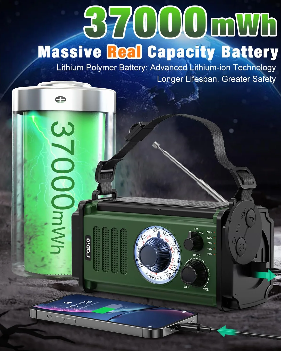 Radio awaryjne 10000 mAh/37000mWh, radio słoneczne, korba ręczna, radio pogodowe NOAA AM FM, 4 metody ładowania, bateria polimerowa, latarka i lampa do czytania, alarm SOS, ładowarka do telefonu w