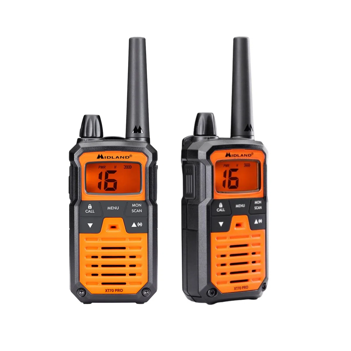 Midland XT70 PRO Doble Hobby & Work, Versión Full Optional, Walkie Talkie de Carga Rápida, 101 Canales PMR446 y Canal RRM, Resistente al Agua IPX4, Maletín de Transporte, 12Km, Naranja, 2 Unidades