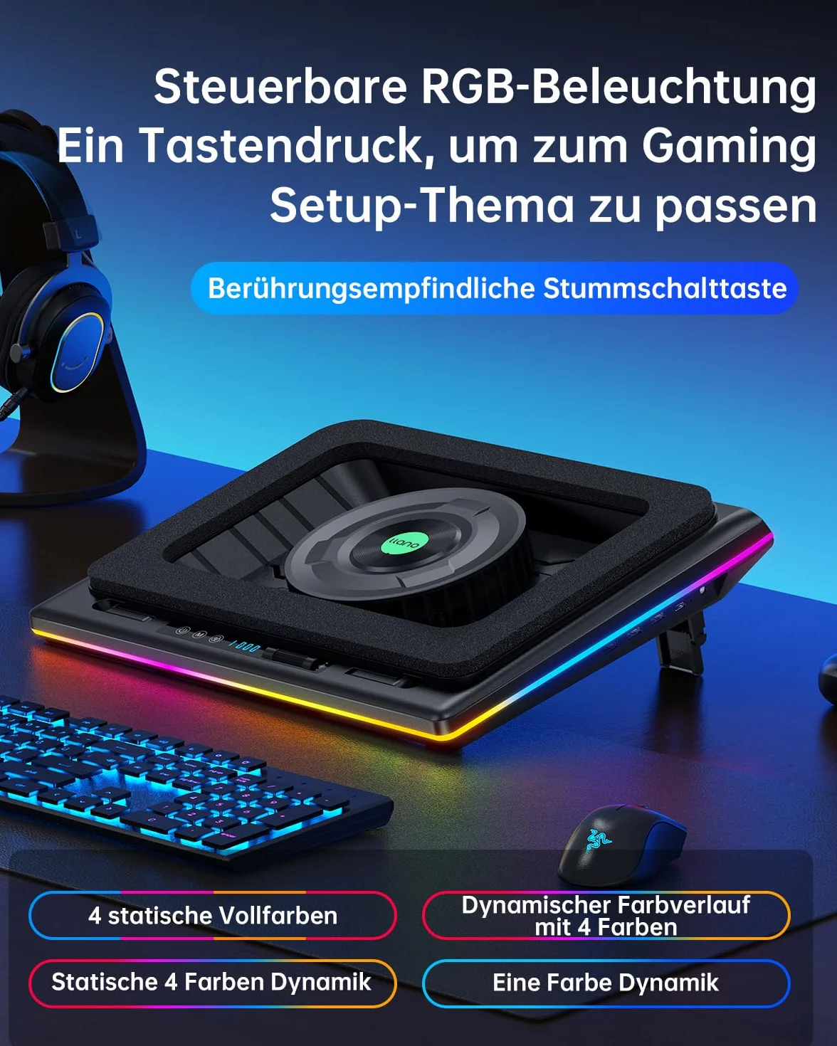 llano Podkładka chłodząca do laptopa z wydajnym wentylatorem turbo RGB laptop chłodnica radiator z bezstopniową regulacją prędkości, obsługa dotykowa, ekran LCD, 3 porty USB, pianka uszczelniająca
