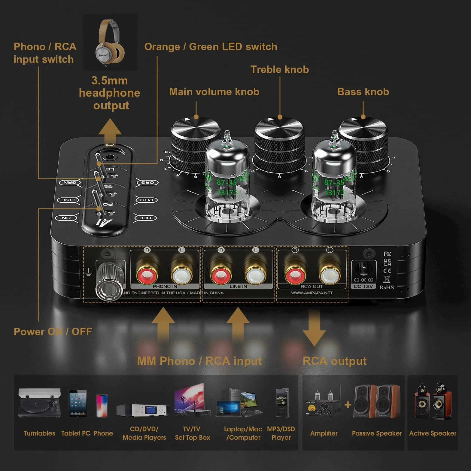 Przedwzmacniacz gramofonowy A1, wzmacniacz słuchawkowy, przedwzmacniacz audiofilski Hi-Fi do gramofonu MM z kontrolą tonów, do domowego systemu audio stereo