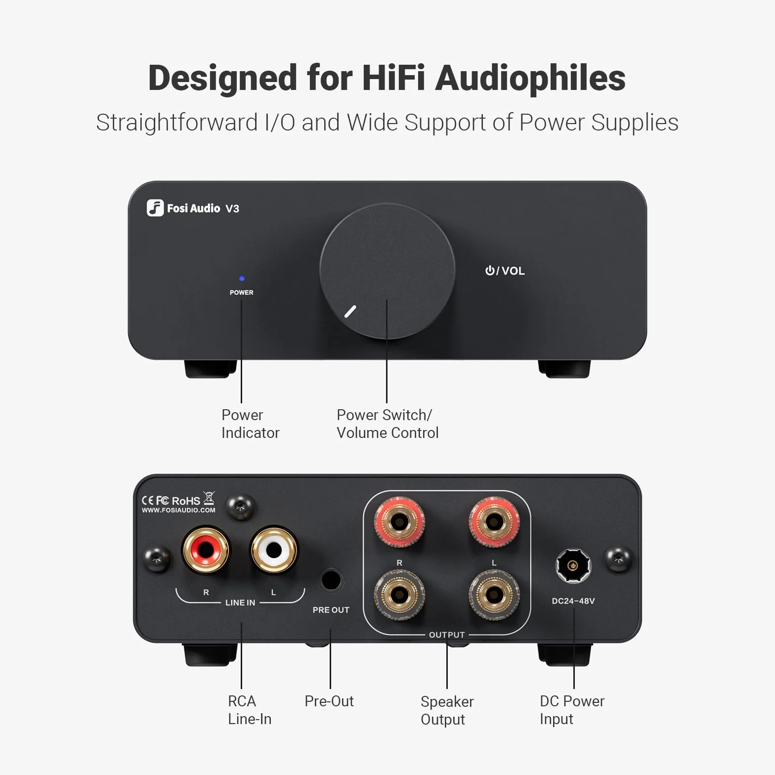 Fosi Audio Wzmacniacz HiFi V3 600 W, TPA3255 Mini 2.0CH klasa D Stereo wzmacniacz 300 W x 2, wzmacniacz do głośników, w zestawie zasilanie 48 V/5 A