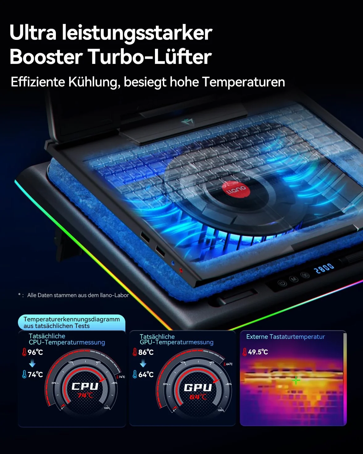 llano Podkładka chłodząca do laptopa z wydajnym wentylatorem turbo RGB laptop chłodnica radiator z bezstopniową regulacją prędkości, obsługa dotykowa, ekran LCD, 3 porty USB, pianka uszczelniająca