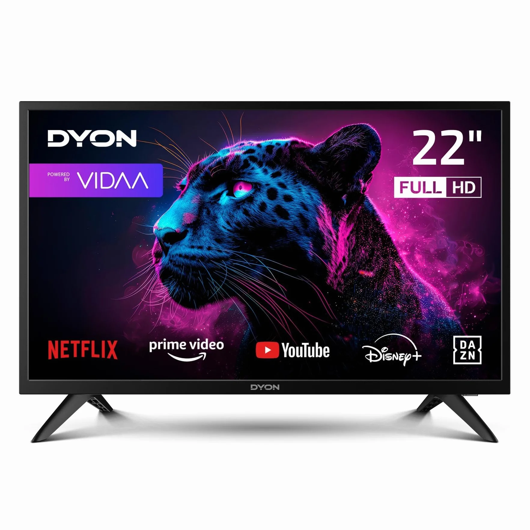 DYON Movie Smart 22 VX, 22", Full HD, Smart TV, potrójny tuner HD (DVB-C/-S2/-T2), App Store, Netflix, Prime Video, YouTube, DAZN, Disney+, waipu.tv, tryb hotelowy