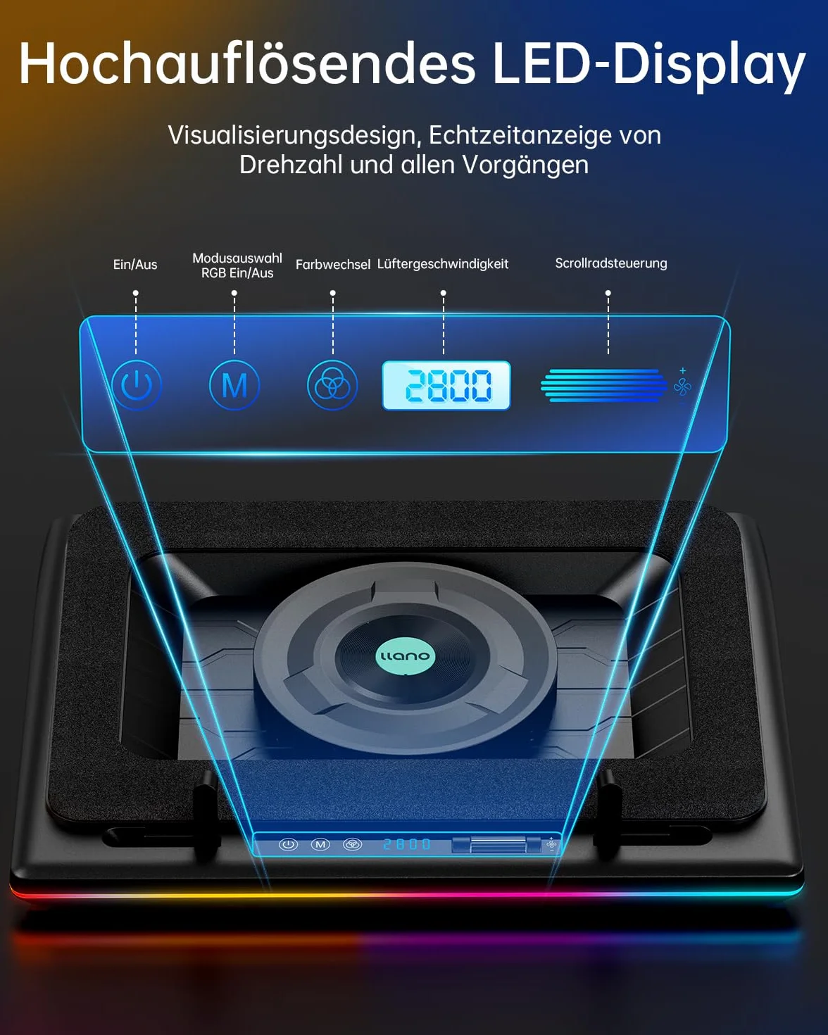 llano Podkładka chłodząca do laptopa z wydajnym wentylatorem turbo RGB laptop chłodnica radiator z bezstopniową regulacją prędkości, obsługa dotykowa, ekran LCD, 3 porty USB, pianka uszczelniająca