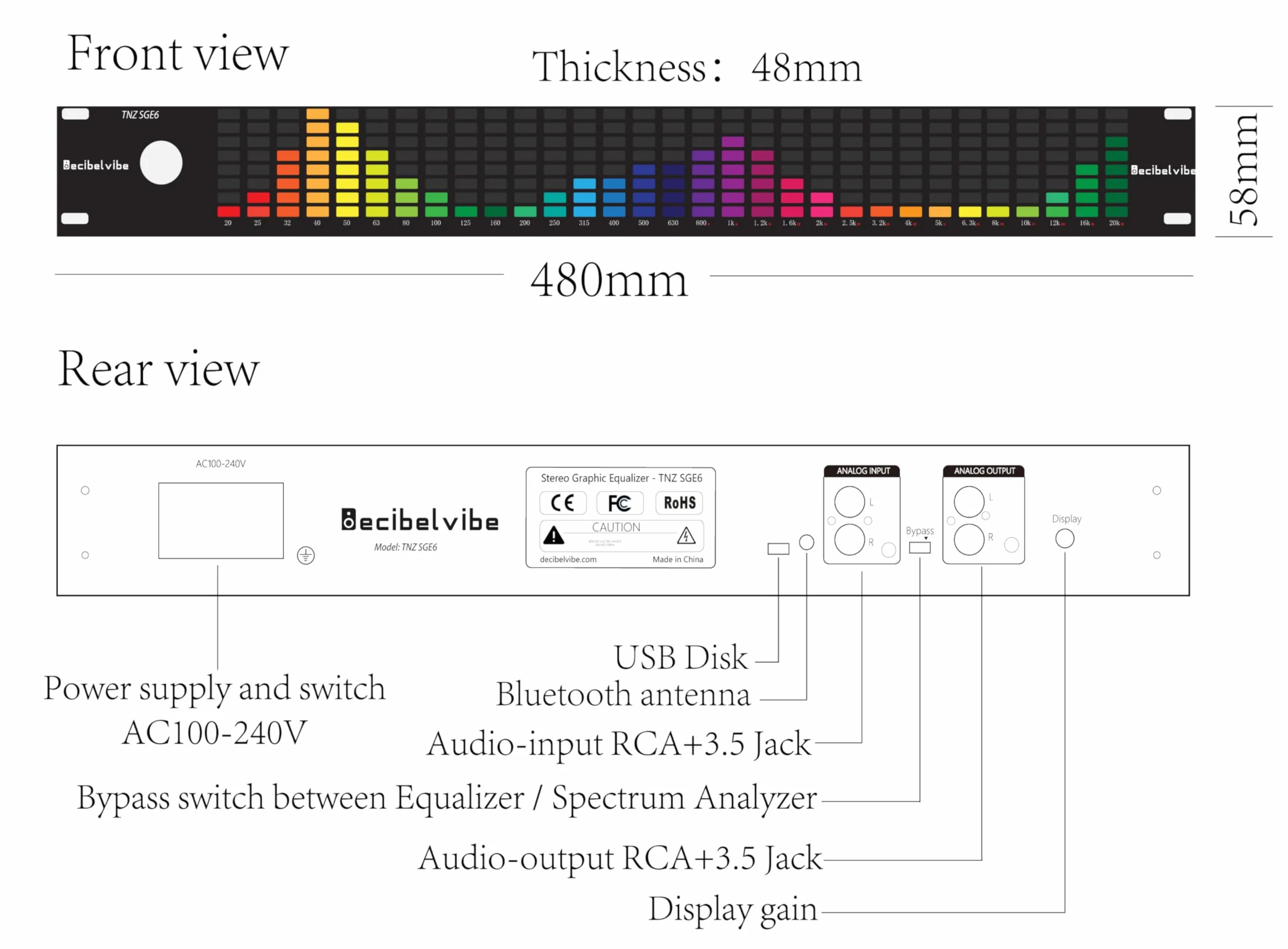 Decibelvibe TNZ SGE6 - Korektor graficzny audio z wejściem/wyjściem RCA-Jack 3.5, wejście bezprzewodowe przez wbudowany mikrofon, wejście USB i Bluetooth, przedwzmacniacz audio do systemów audio-wideo
