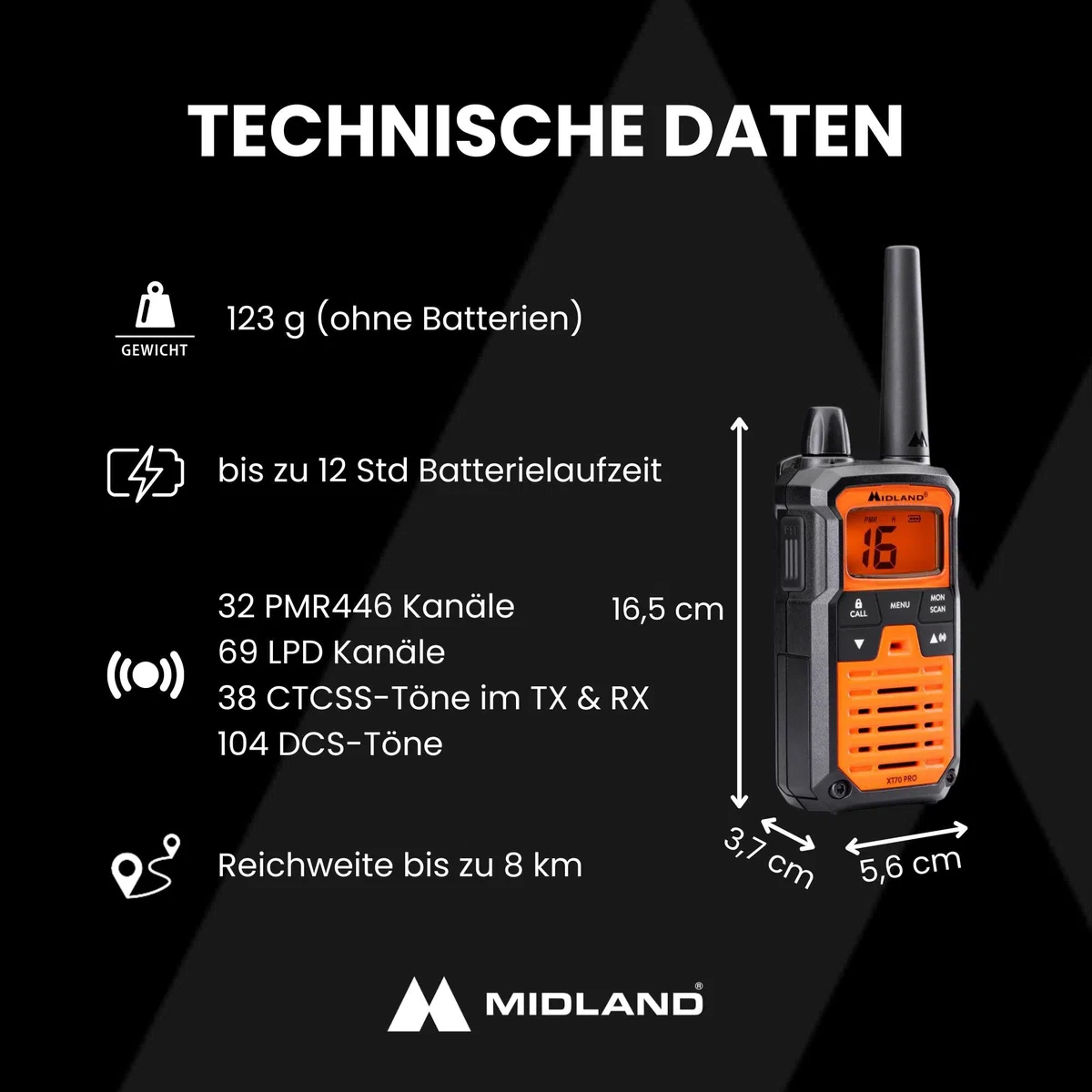 Midland XT70 PRO Doble Hobby & Work, Versión Full Optional, Walkie Talkie de Carga Rápida, 101 Canales PMR446 y Canal RRM, Resistente al Agua IPX4, Maletín de Transporte, 12Km, Naranja, 2 Unidades