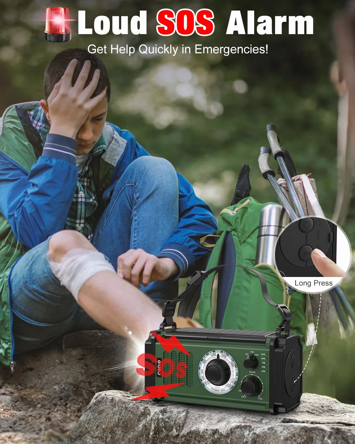 Radio awaryjne 10000 mAh/37000mWh, radio słoneczne, korba ręczna, radio pogodowe NOAA AM FM, 4 metody ładowania, bateria polimerowa, latarka i lampa do czytania, alarm SOS, ładowarka do telefonu w