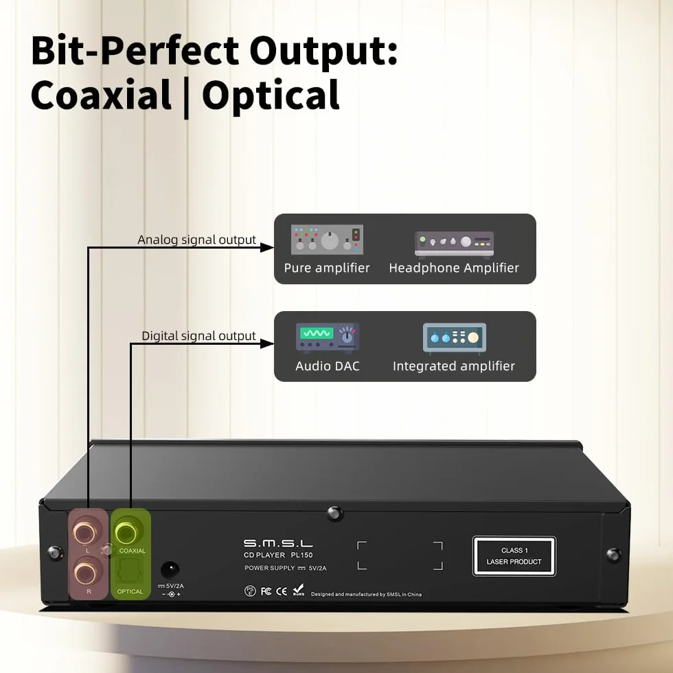 SMSL PL150 Odtwarzacz CD High Power CS43198 D/A chip, Standard/MQA-CD/HDCD, z RCA/3,5 mm i 4,4 mm wyjściem słuchawkowym/optycznym/koncentrycznym, do pojazdu/laptopa/telewizora/PC, wzmacniacza