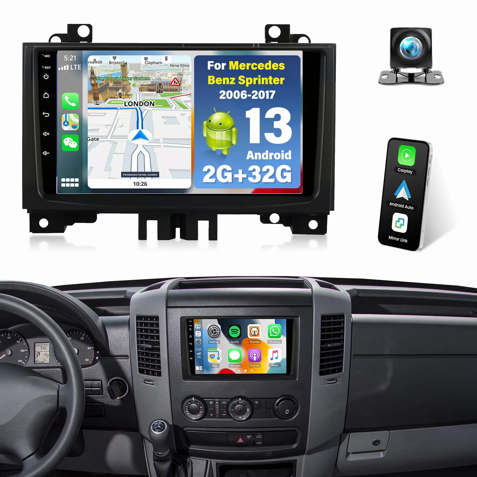 2G + 32G Android 13 radio samochodowe do Mercedesa Benz Sprinter 2006-2017 z Carplay Android Auto 9-calowy ekran z Bluetooth Mirror Link, WiFi, GPS, SWC FM/RDS, kamera cofania