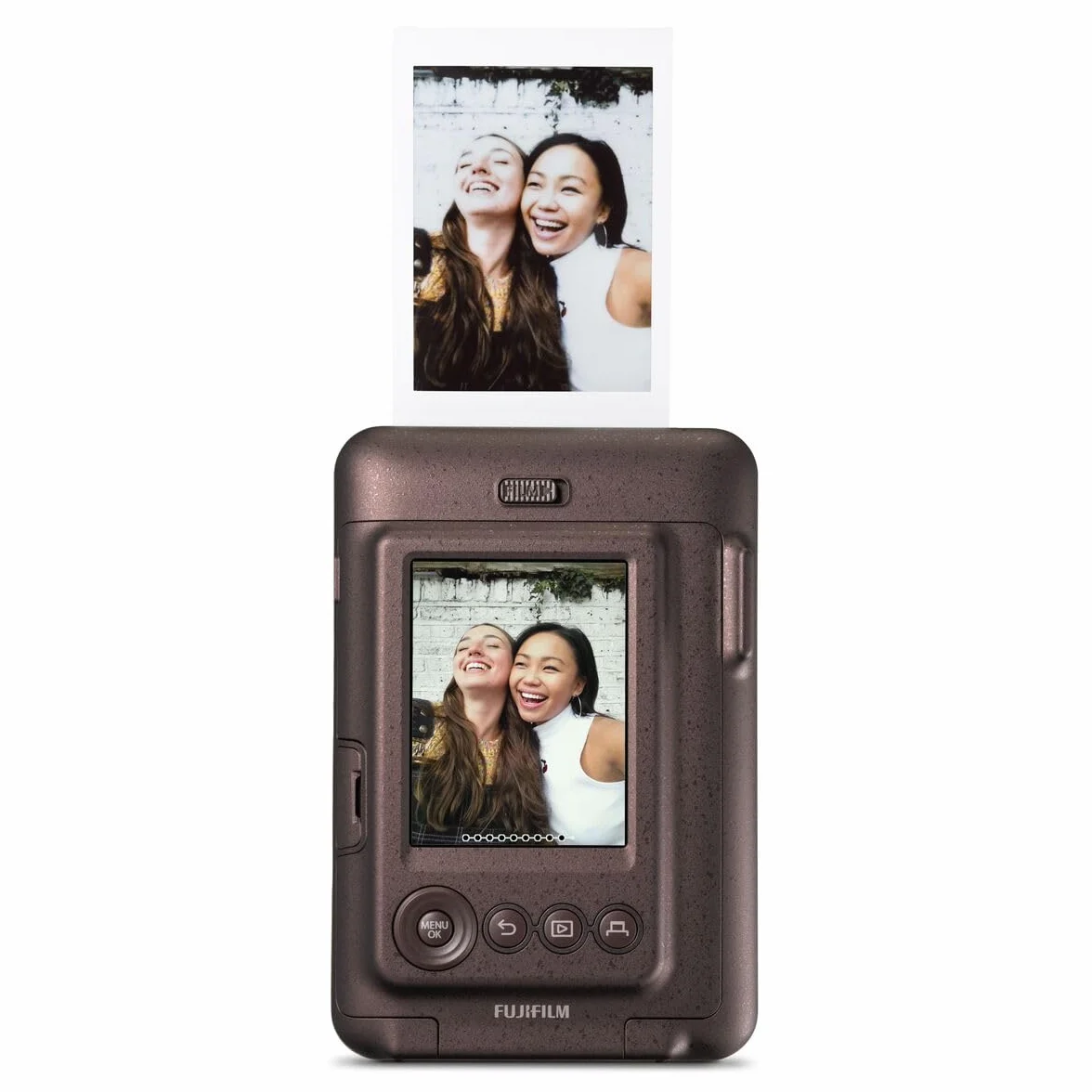 INSTAX mini LiPlay hybrydowy aparat natychmiastowy z tylnym wyświetlaczem LCD o przekątnej 2,7 cala, gniazdem kart Micro SD, ładowaniem przez USB-C, kolor Deep Bronze, film sprzedawany osobno