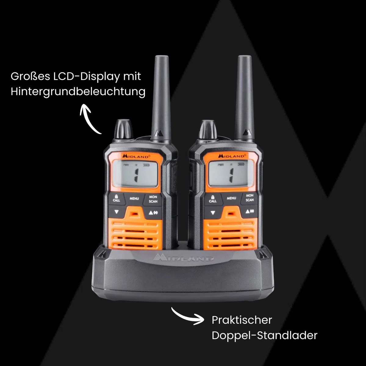 Midland XT70 PRO Doble Hobby & Work, Versión Full Optional, Walkie Talkie de Carga Rápida, 101 Canales PMR446 y Canal RRM, Resistente al Agua IPX4, Maletín de Transporte, 12Km, Naranja, 2 Unidades