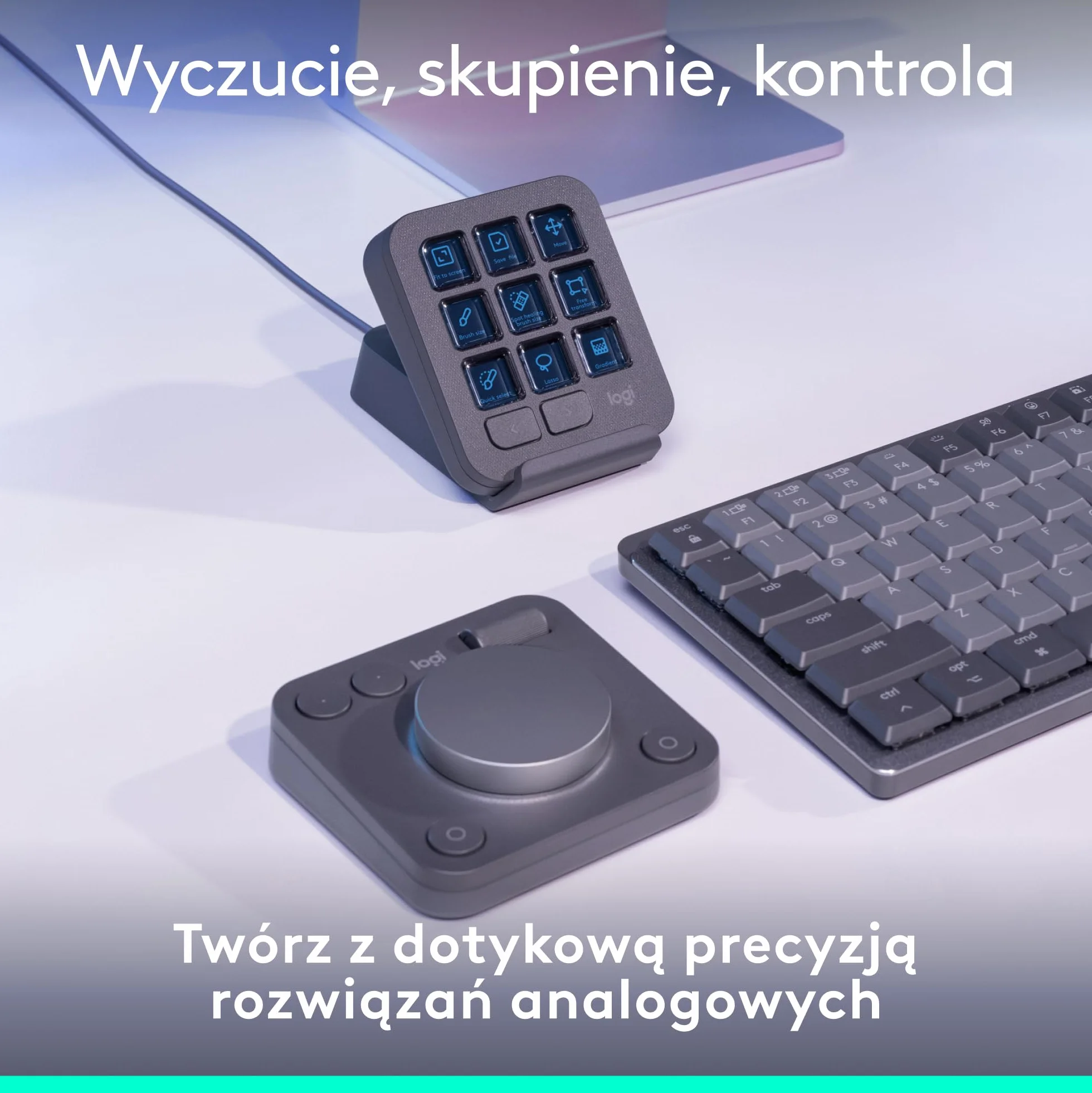 Logitech MX Creative Console, programowalna klawiatura keypad z 9 klawiszami LCD z programowalnymi napisami i pokrętłem sterowania do projektowania graficznego, edycji wideo, fotografii - Grafit