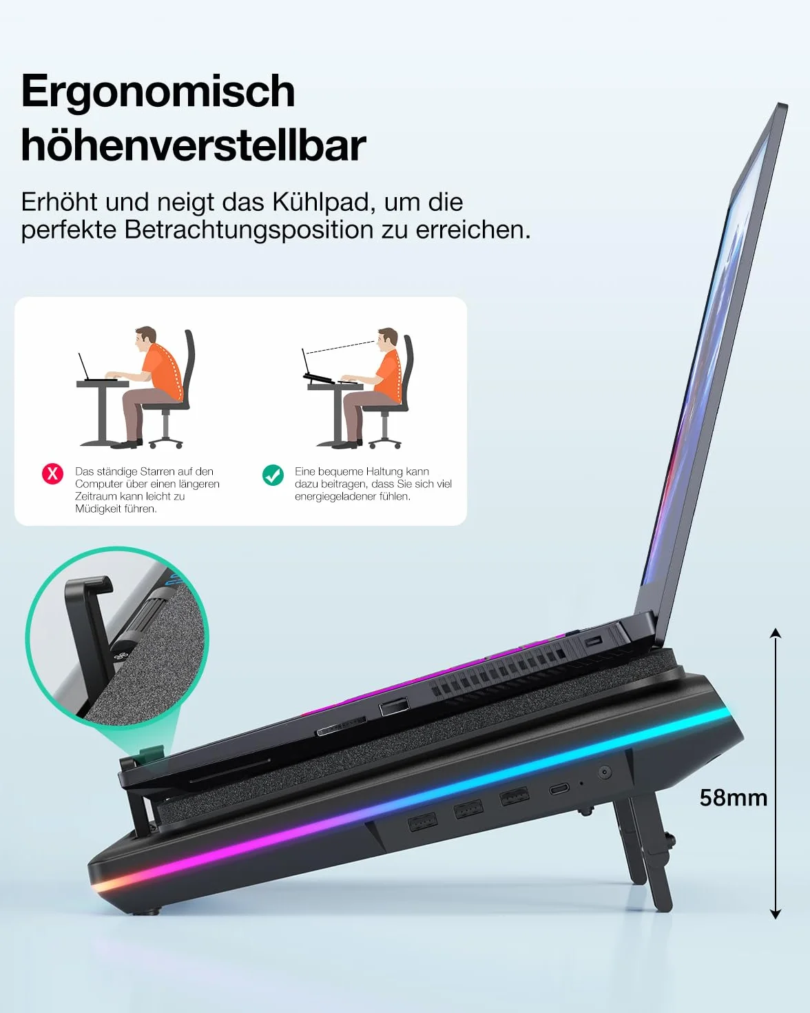 llano Podkładka chłodząca do laptopa z wydajnym wentylatorem turbo RGB laptop chłodnica radiator z bezstopniową regulacją prędkości, obsługa dotykowa, ekran LCD, 3 porty USB, pianka uszczelniająca