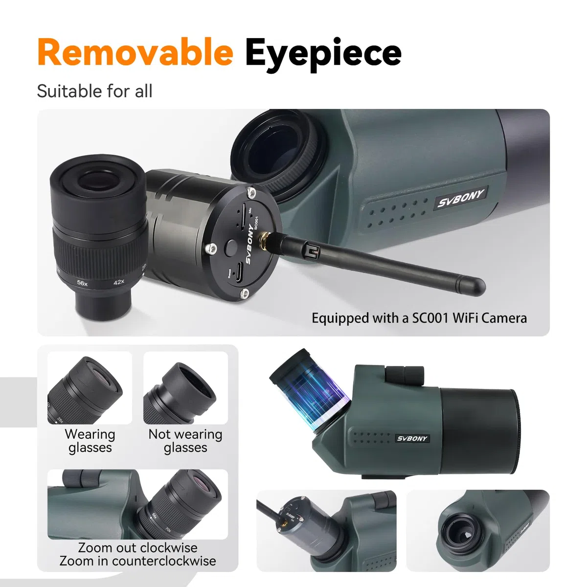 Svbony SV41Pro Mak Luneta Obserwacyjna ze Statywem, SC001 WiFi Camera, Finderscope i Mocowanie Celownika, 28-84X80 FMC Podwójna Prędkość Fokus, Wodoodporne do Astronomiczny Obserwacja Księżycu
