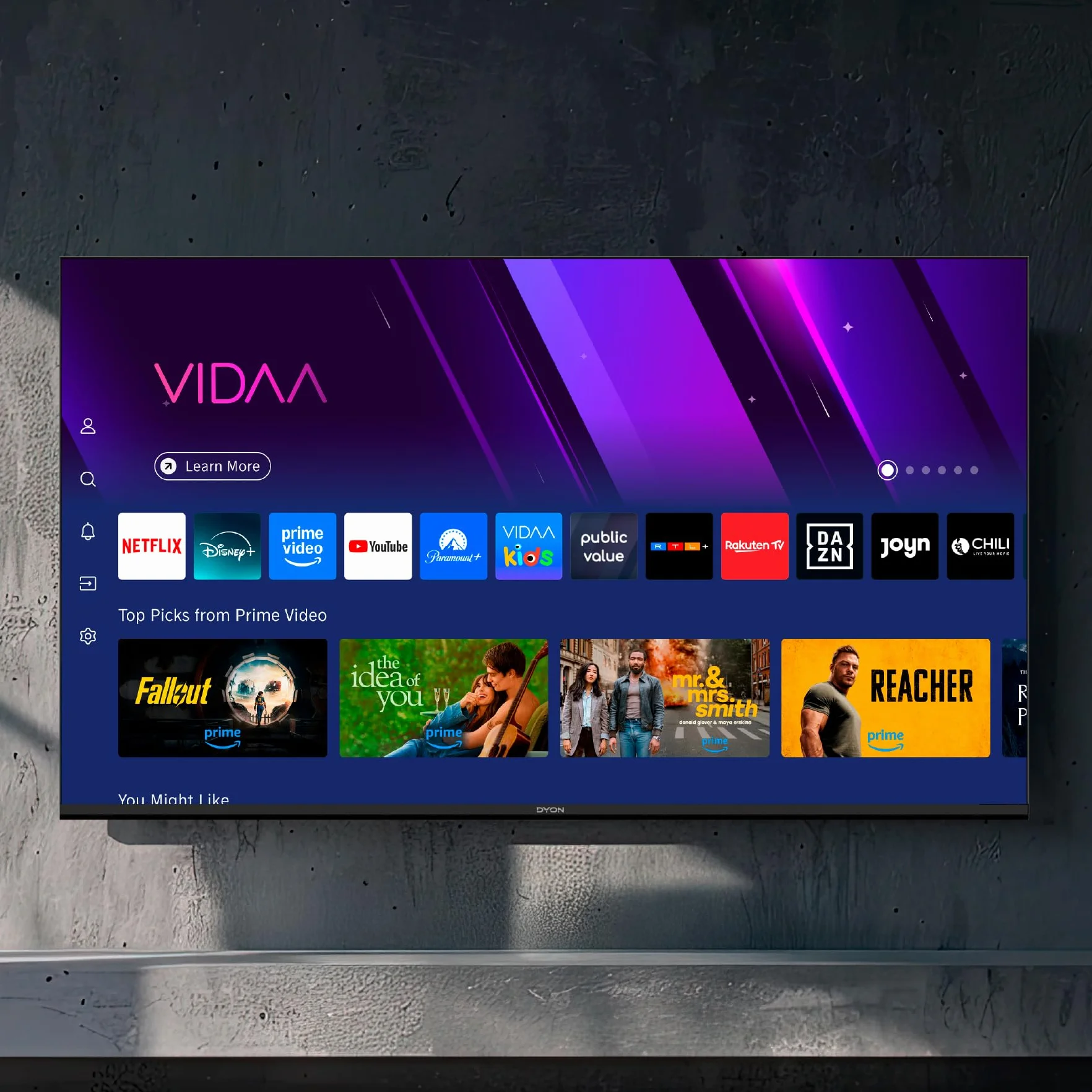 DYON Movie Smart 22 VX, 22", Full HD, Smart TV, potrójny tuner HD (DVB-C/-S2/-T2), App Store, Netflix, Prime Video, YouTube, DAZN, Disney+, waipu.tv, tryb hotelowy