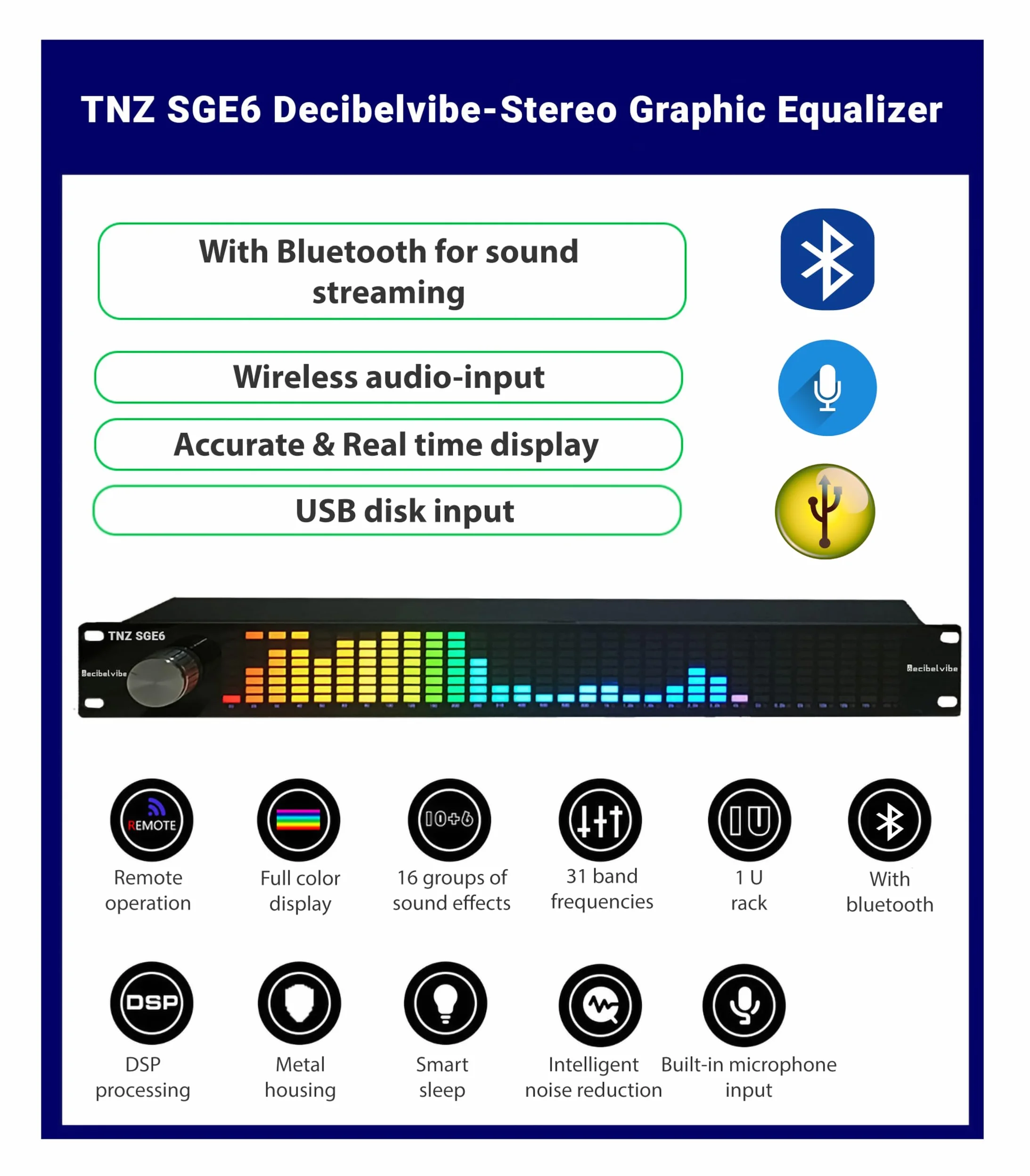 Decibelvibe TNZ SGE6 - Korektor graficzny audio z wejściem/wyjściem RCA-Jack 3.5, wejście bezprzewodowe przez wbudowany mikrofon, wejście USB i Bluetooth, przedwzmacniacz audio do systemów audio-wideo