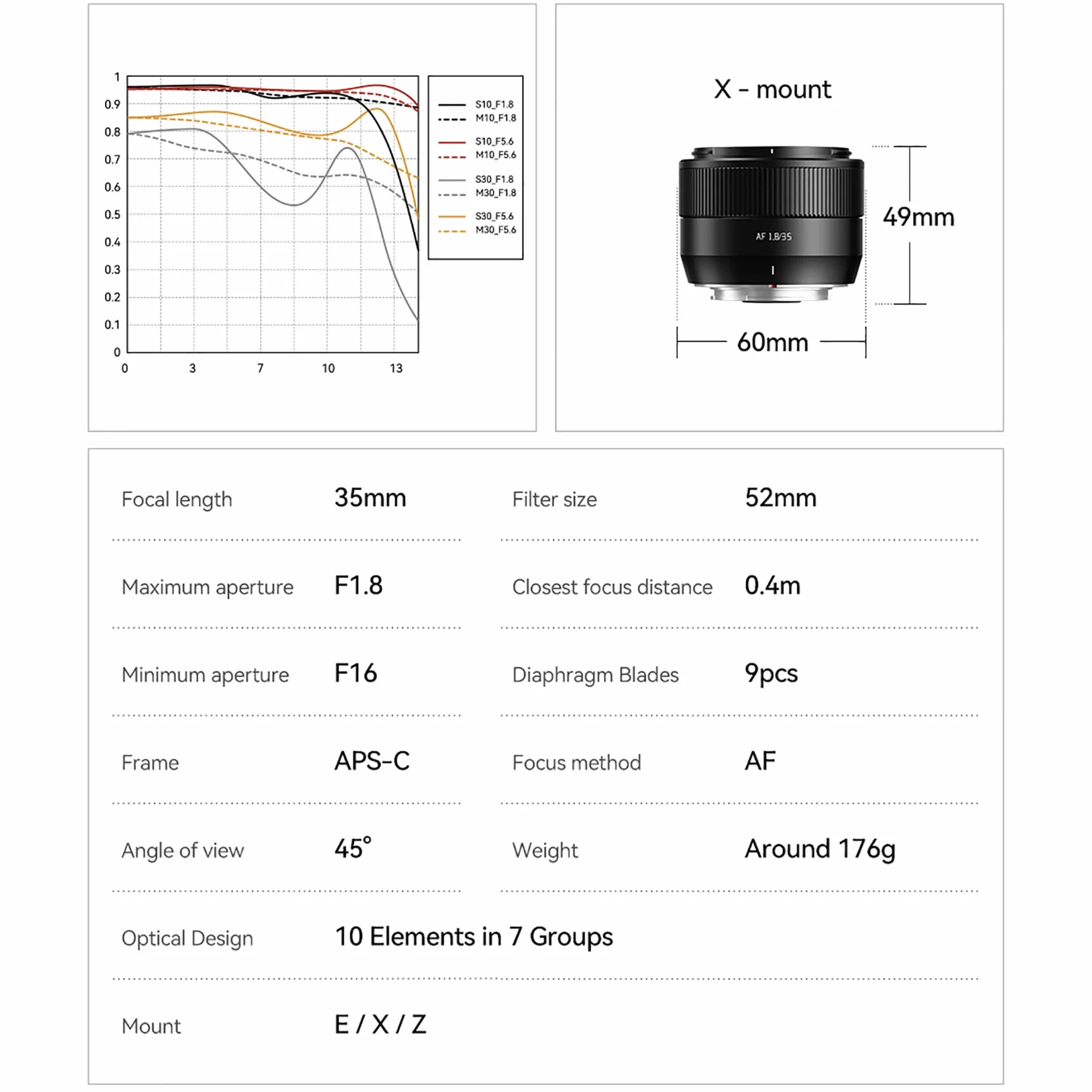 TTARTISAN 35mm F1.8 II Obiektyw aparatu Auto Focus APS-C Metalowa obudowa Lekki obiektyw (dla Fuji X Mount)